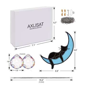 AXLISAT Black Cat Decor On Blue Moon Stained Glass for Window, Crystals Suncatchers for Window Ball Prism Rainbow Maker Chain Easy Hanging, 2 Balls and 1 White Gift Boxe for Cat Lovers Halloween Decor