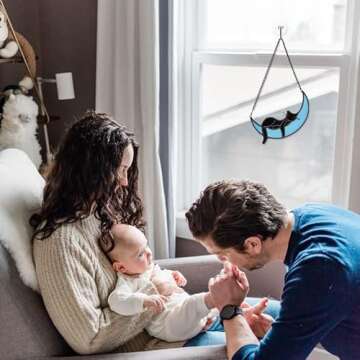 AXLISAT Black Cat Decor On Blue Moon Stained Glass for Window, Crystals Suncatchers for Window Ball Prism Rainbow Maker Chain Easy Hanging, 2 Balls and 1 White Gift Boxe for Cat Lovers Halloween Decor