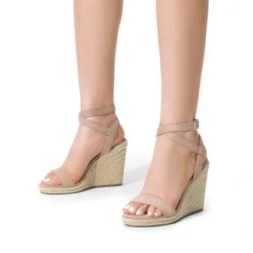 DREAM PAIRS Womens Open Toe Espadrilles Dressy Platform Sandals Buckle Ankle Strap Stylish Wedges Sandals,Size 6.5,NUDE/SUEDE,SDPW2211W