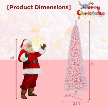 Goplus 8ft Pink Slim Pencil Christmas Tree, Snow Flocked Artificial Unlit Skinny Xmas Full Tree with 1000 Branch Tips, Foldable Metal Stand, for Seasonal Home Office Party Carnival Decoration
