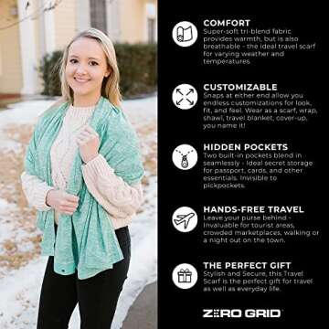 Zero Grid Infinity Travel Scarf Loop with Hidden Zipper Pockets for Passport, Phone, Cash, Cards