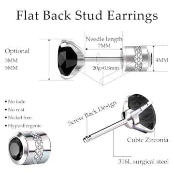2 Pairs Flat Back Stud Earrings for Women, Nap Earrings as Black Stud Earrings for Women, Hypoallerg...