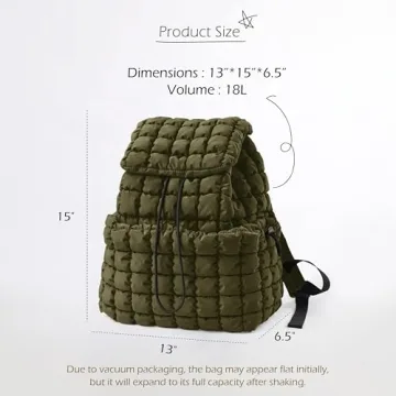 ODODOS Quilted Backpack for Women Lightweight Puffer Hiker Pack Drawstring Padding Travel Gym Bag, Avocado, QuiltedBag035-Avocado