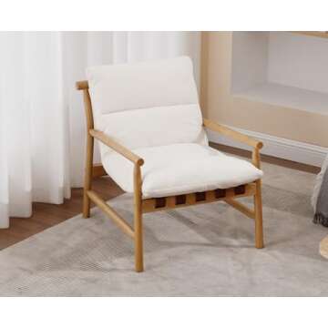 Kmax Modern Sling Accent Chair Mid-Century Faux Fur Living Room Chair Soft Comfy Lounge Chair Solid Wood Frame Chair with Armrest for Bedroom, Reading Room, Backyard, White