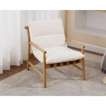Kmax Modern Sling Accent Chair Mid-Century Faux Fur Living Room Chair Soft Comfy Lounge Chair Solid Wood Frame Chair with Armrest for Bedroom, Reading Room, Backyard, White