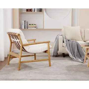 Kmax Modern Sling Accent Chair Mid-Century Faux Fur Living Room Chair Soft Comfy Lounge Chair Solid Wood Frame Chair with Armrest for Bedroom, Reading Room, Backyard, White
