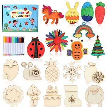 Worgree DIY Wooden Magnets, 36 pcs Wooden Art Craft Supplies Painting Kit for Kids Party Favors for ...