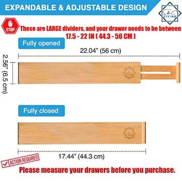 S & C Living, Large Set of 4 – BEST Bamboo drawer dividers - (17.5-22 IN) Adjustable & Expandable, separators – Ideal for organizing Kitchen, Bedroom, Bathroom, Dresser & Office.
