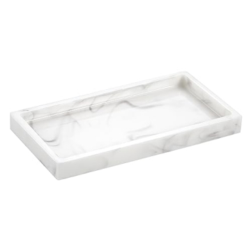 Emibele Bathroom Vanity Tray - Small 8" Rectangular Resin Kitchen Soap Tray with Elegant White Marbl...