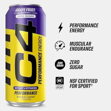 C4 Energy Carbonated Zero Sugar Energy Drink, Pre Workout Drink + Beta Alanine, Purple Frost, 16 Fl ...