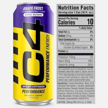 C4 Energy Carbonated Zero Sugar Energy Drink, Pre Workout Drink + Beta Alanine, Purple Frost, 16 Fl Oz (Pack of 12)