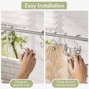 Amazer Shower Curtain Hooks Rings, Rust-Resistant Stainless Steel Double Shower Curtain Hooks, Shower Hooks for Shower Curtain and Liner Bathroom, Set of 12, Chrome