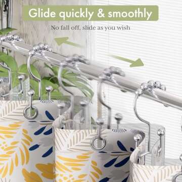 Amazer Shower Curtain Hooks Rings, Rust-Resistant Stainless Steel Double Shower Curtain Hooks, Shower Hooks for Shower Curtain and Liner Bathroom, Set of 12, Chrome