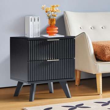 wirrytor Mid Century Modern Nightstand, 2 Drawer Dresser for Bedroom, Small Dresser Night Stand Side Table End Table with Wood Fluted Drawer Storage for Bedroom Closet(Black)