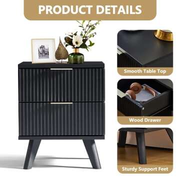 wirrytor Mid Century Modern Nightstand, 2 Drawer Dresser for Bedroom, Small Dresser Night Stand Side Table End Table with Wood Fluted Drawer Storage for Bedroom Closet(Black)