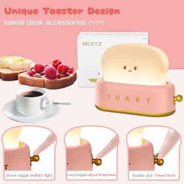 MeXYZ Cute Desk Decor Toaster Lamp, Rechargeable Kawaii Accessories Small LED Night Light for Kids T...