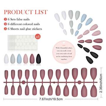 144 Pieces Short Matte Press on Nail Full Cover Fake Nails 6 Solid Colors Stiletto Almond False Nails Artificial Nails with 6 Sheets Adhesive Tabs for DIY Nail Art (Deep Color)