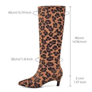 Adrizzlein Leopard Knee High Boots Women Kitten Heel Square Toe Tall Boots Wide Calf Comfy Pull On Long Boots Leopard Size 7