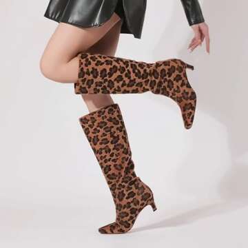 Adrizzlein Leopard Knee High Boots Women Kitten Heel Square Toe Tall Boots Wide Calf Comfy Pull On Long Boots Leopard Size 7