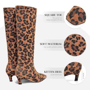 Adrizzlein Leopard Knee High Boots Women Kitten Heel Square Toe Tall Boots Wide Calf Comfy Pull On Long Boots Leopard Size 7