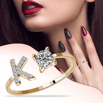 ManRiver 26 Letters Rings for Women - Diamond Rhinestone Studded Zirconia Open Adjustable Rings Jewe...