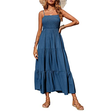 PRETTYGARDEN Women's Summer Maxi Dress 2024 Casual Boho Sleeveless Spaghetti Strap Smocked Tiered Long Beach Sun Dresses (Dark Blue,S)