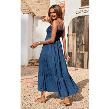 PRETTYGARDEN Women's Summer Maxi Dress 2024 Casual Boho Sleeveless Spaghetti Strap Smocked Tiered Long Beach Sun Dresses (Dark Blue,S)
