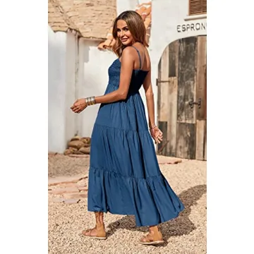 PRETTYGARDEN Women's Summer Maxi Dress 2024 Casual Boho Sleeveless Spaghetti Strap Smocked Tiered Long Beach Sun Dresses (Dark Blue,S)