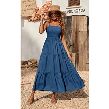 PRETTYGARDEN Women's Summer Maxi Dress 2024 Casual Boho Sleeveless Spaghetti Strap Smocked Tiered Long Beach Sun Dresses (Dark Blue,S)