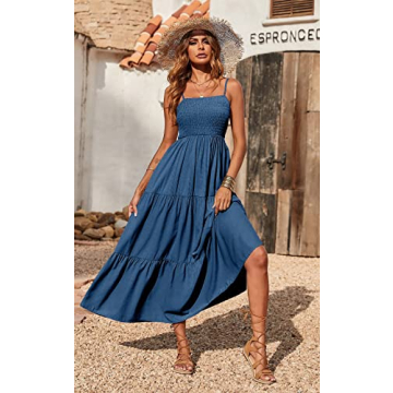 PRETTYGARDEN Women's Summer Maxi Dress 2024 Casual Boho Sleeveless Spaghetti Strap Smocked Tiered Long Beach Sun Dresses (Dark Blue,S)