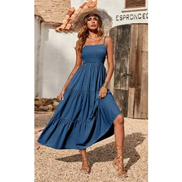 PRETTYGARDEN Women's Summer Maxi Dress 2024 Casual Boho Sleeveless Spaghetti Strap Smocked Tiered Long Beach Sun Dresses (Dark Blue,S)