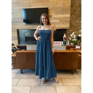 PRETTYGARDEN Women's Summer Maxi Dress 2024 Casual Boho Sleeveless Spaghetti Strap Smocked Tiered Long Beach Sun Dresses (Dark Blue,S)