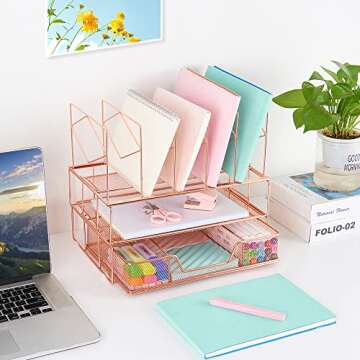 Youbetia Desk Organizers and Desk Accessories - Rose Gold Desk Organizer with File Sorters, File Organizer with Drawer, Desk Accessories & Workspace Organizers for School Office Supplies