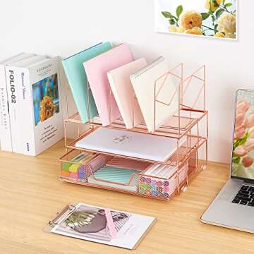 Youbetia Desk Organizers and Desk Accessories - Rose Gold Desk Organizer with File Sorters, File Organizer with Drawer, Desk Accessories & Workspace Organizers for School Office Supplies