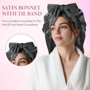 Abeillo 2 Pcs Large Satin Bonnet for Women, Extra Long Silk Bonnet for Sleeping Bonnet with Tie Band and Scrunchies, Sleep Cap for Long Curly Hair, Locs, Braids (Black, Pink)