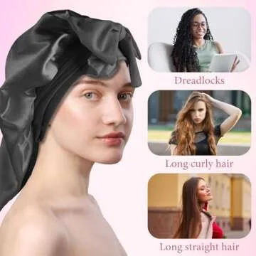 Abeillo 2 Pcs Large Satin Bonnet for Women, Extra Long Silk Bonnet for Sleeping Bonnet with Tie Band and Scrunchies, Sleep Cap for Long Curly Hair, Locs, Braids (Black, Pink)