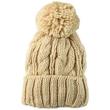 Amazon Essentials Women's Chunky Cable Beanie With Yarn Pom, Warm Beige, One Size