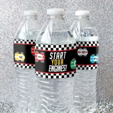 Race Car Birthday Party Water Bottle Labels, Let's Go Racing Racecar Stickers for Water Bottles - 24...
