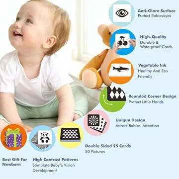 50 Pages Visual Stimulation Flashcards, 25 PCS Black and White Baby Visual Stimulus Cards Sensory Developmental Black White Card Set for Newborn Baby 0-3 Months (5.5” X 5.5”)