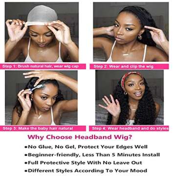 16 Inch Water Wave Headband Wig Human Hair Short Curly Bob Headband Wigs for Black Women Brazilian Water Wave None Lace Front Wigs Human Hair Glueless Machine Made Wigs Natural Color 150% Density