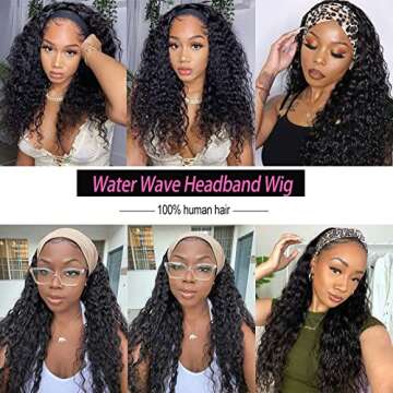 16 Inch Water Wave Headband Wig Human Hair Short Curly Bob Headband Wigs for Black Women Brazilian Water Wave None Lace Front Wigs Human Hair Glueless Machine Made Wigs Natural Color 150% Density