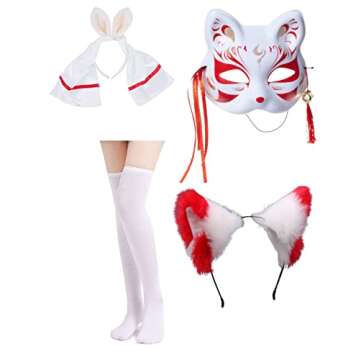 Japanese Anime red and White Kimono Fox Cosplay Costume Furry Fox Ear Mask with Socks S