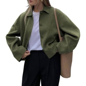 Tankaneo Womens Cropped Pea Coat Fall Winter Oversized Short Wool Blend Coat Casual Lapel Button Dow...