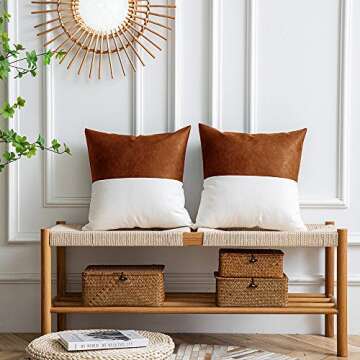 DEZENE Leather Throw Pillow Covers, Set of 2 Modern Leather/Cotton Decorative Pillowcases for Home D...