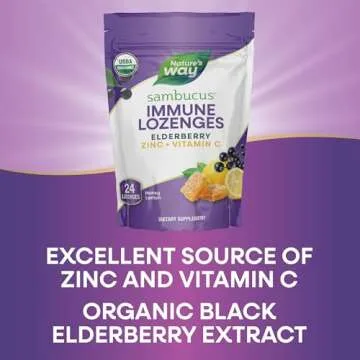 Nature's Way Sambucus Immune Lozenges, Zinc, Vitamin C, Elderberry, Immune Support*, USDA Organic, Honey Lemon Flavor, 24 Lozenges (Packaging May Vary)