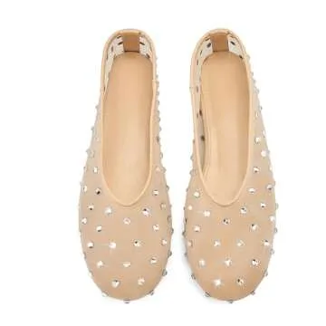 Arqa Crystal-Embellished Mesh Flats Rhinestone Ballet Flat Slip On Ballerina Shoes Comfortable Casual Gauze Shoe Beige Size 8