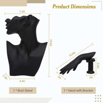 COSYOO Jewelry Mannequin Display Set, Black Resin Bust Holder, Jewelry Display Bust Stand and Hand, Necklace Earring Display Stand, Bracelet Ring Hand Organizer for Show, Selling