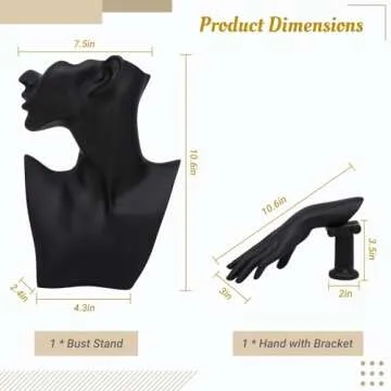 COSYOO Jewelry Mannequin Display Set, Black Resin Bust Holder, Jewelry Display Bust Stand and Hand, Necklace Earring Display Stand, Bracelet Ring Hand Organizer for Show, Selling