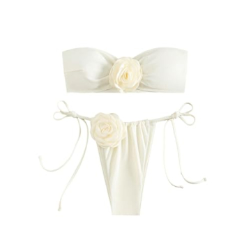 MakeMeChic Women's 2 Piece Bandeau Swimsuit | 3D Floral Tie Side Bikini Set in Beige