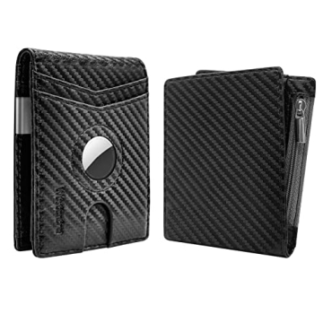 Wustentre Mens Slim Airtag Wallet with Money Clip & Zipper Coin Pocket, Minimalist RFID Blocking Bif...